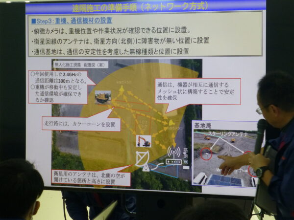 無人化施工機械操作体験会。の説明会の様子の画像。